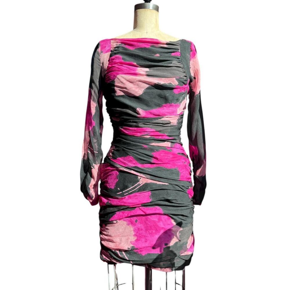 Y2K Pink and black Diane Von Furstenberg silk ruched dress coquette romantic S